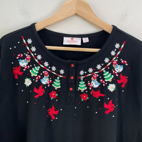 Quacker Factory Womens XL Holiday Embroidered Long Sleeve Top Black Christmas - Picture 2 of 6